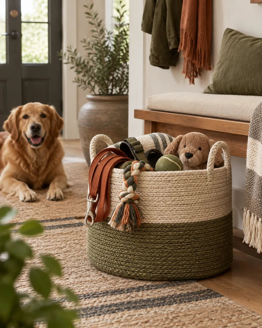 Brand editorial illustration for Dog-Gear Storage Basket; not a photograph of the exact supplier item