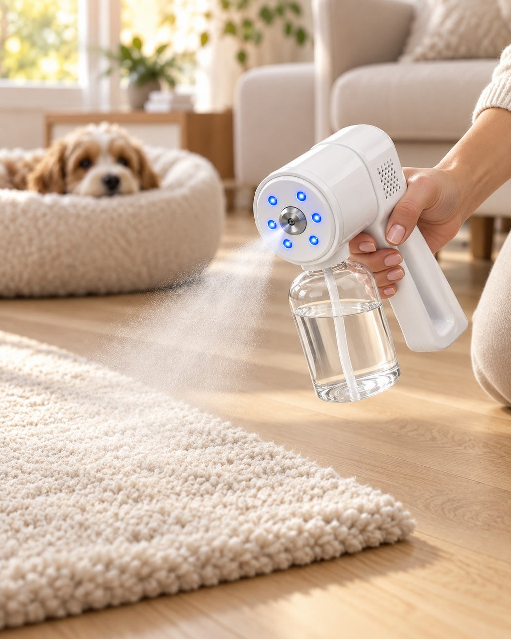 Misting the corner of a rug beside a dog resting in its bed