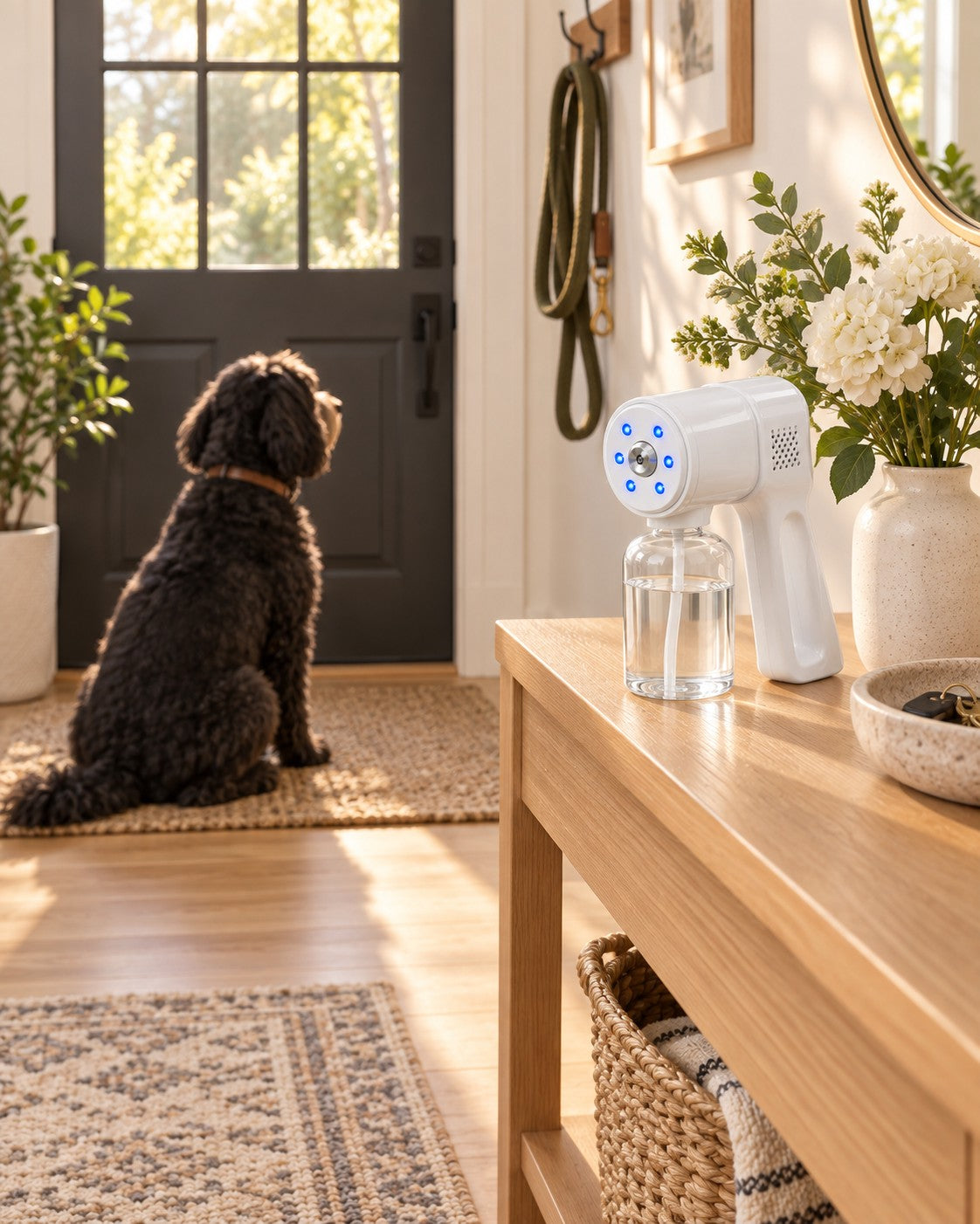 The mist sprayer on an entryway table while a dog waits by the door