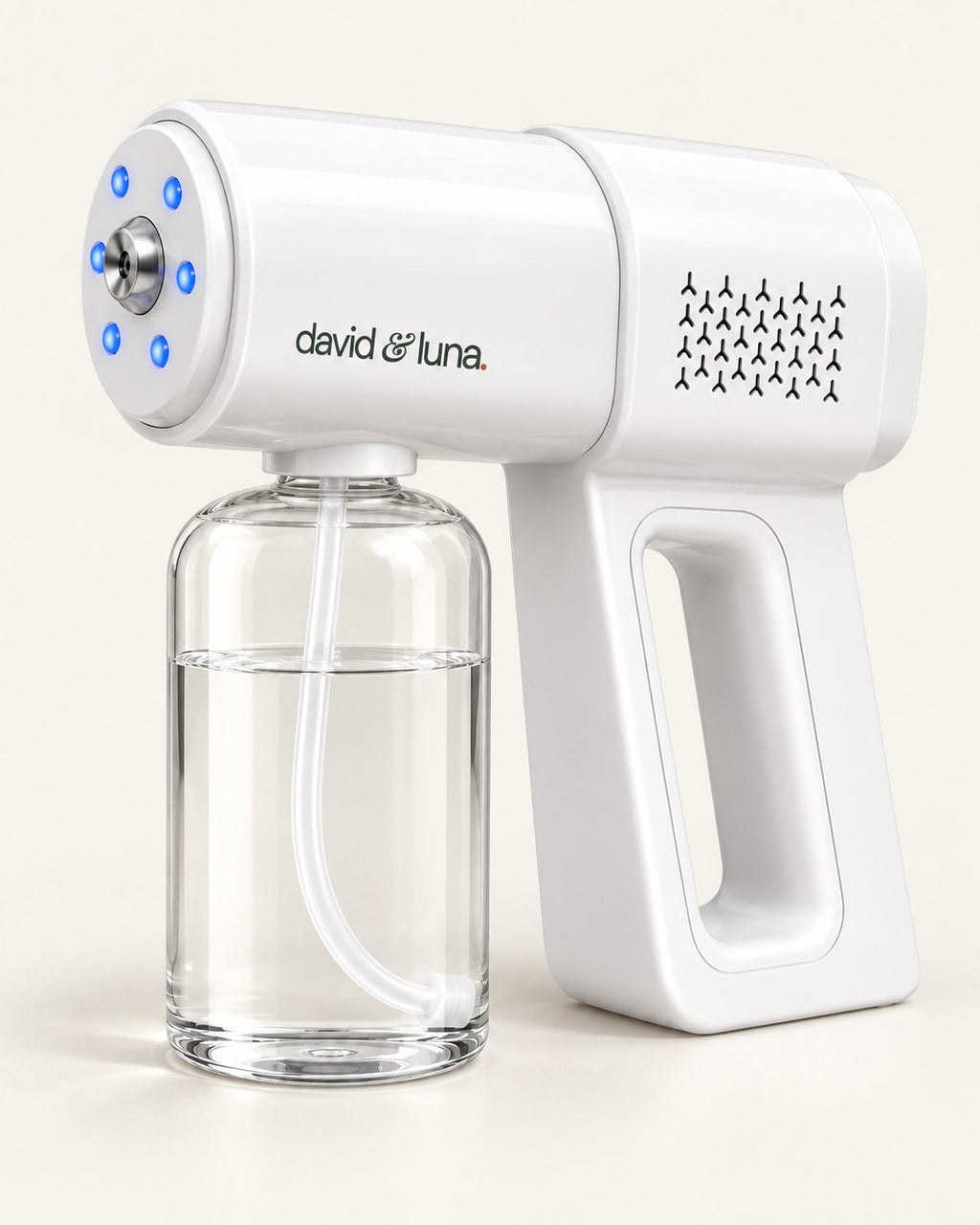 White cordless odor mist sprayer with a clear refill bottle