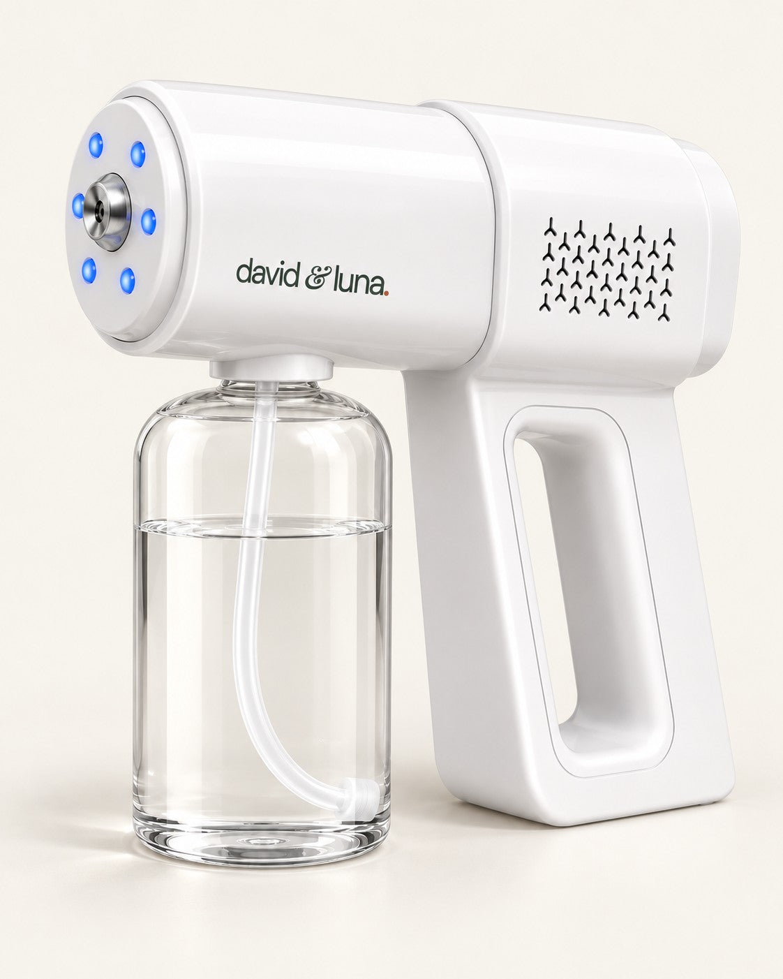 White cordless odor mist sprayer with a clear refill bottle
