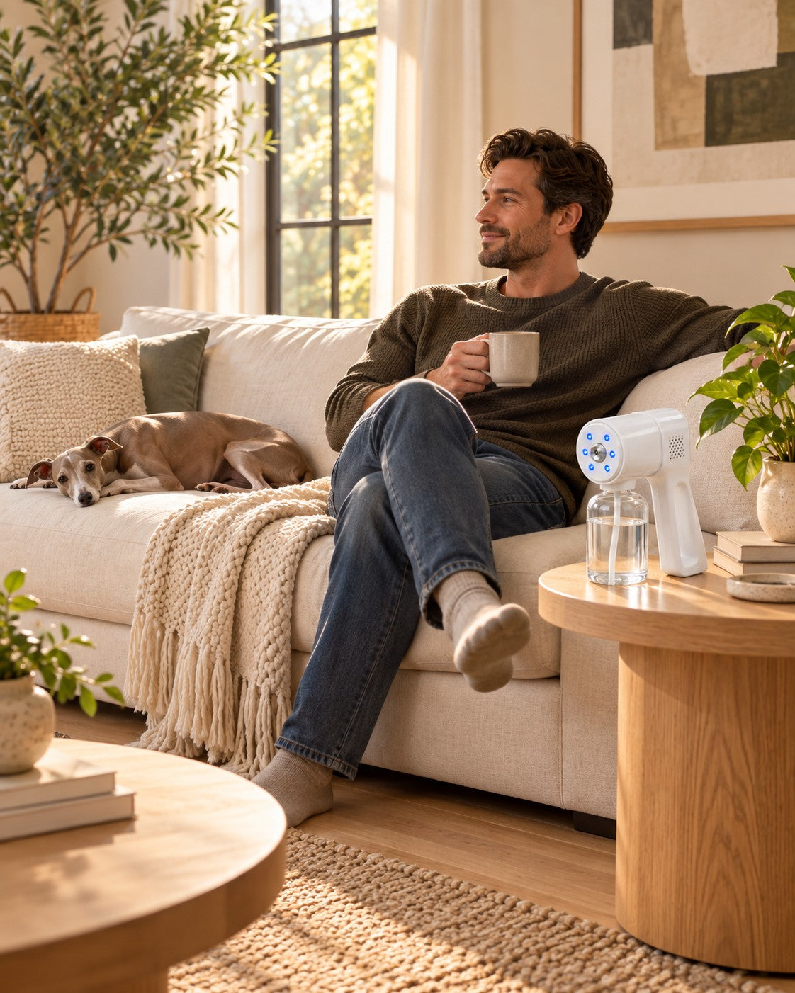 The mist sprayer on a side table while a man and his dog relax on the sofa