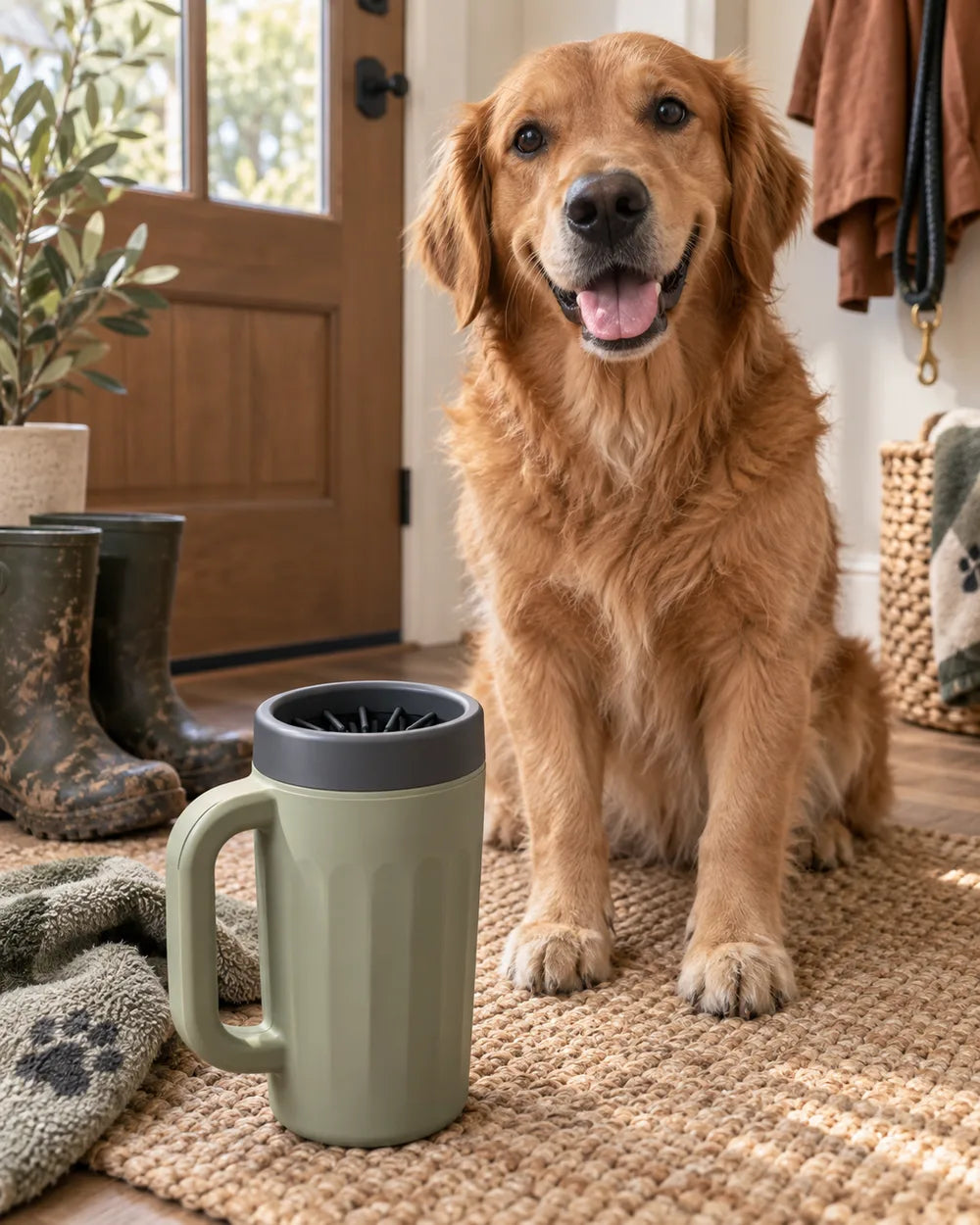 Brand editorial illustration for Paw-Cleaning Cup; not a photograph of the exact supplier item