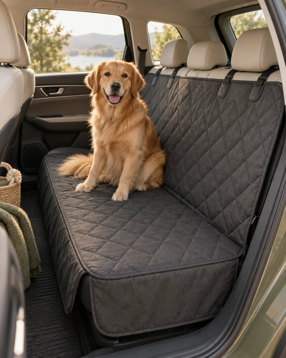 Brand editorial illustration for Rear-Seat Cover; not a photograph of the exact supplier item