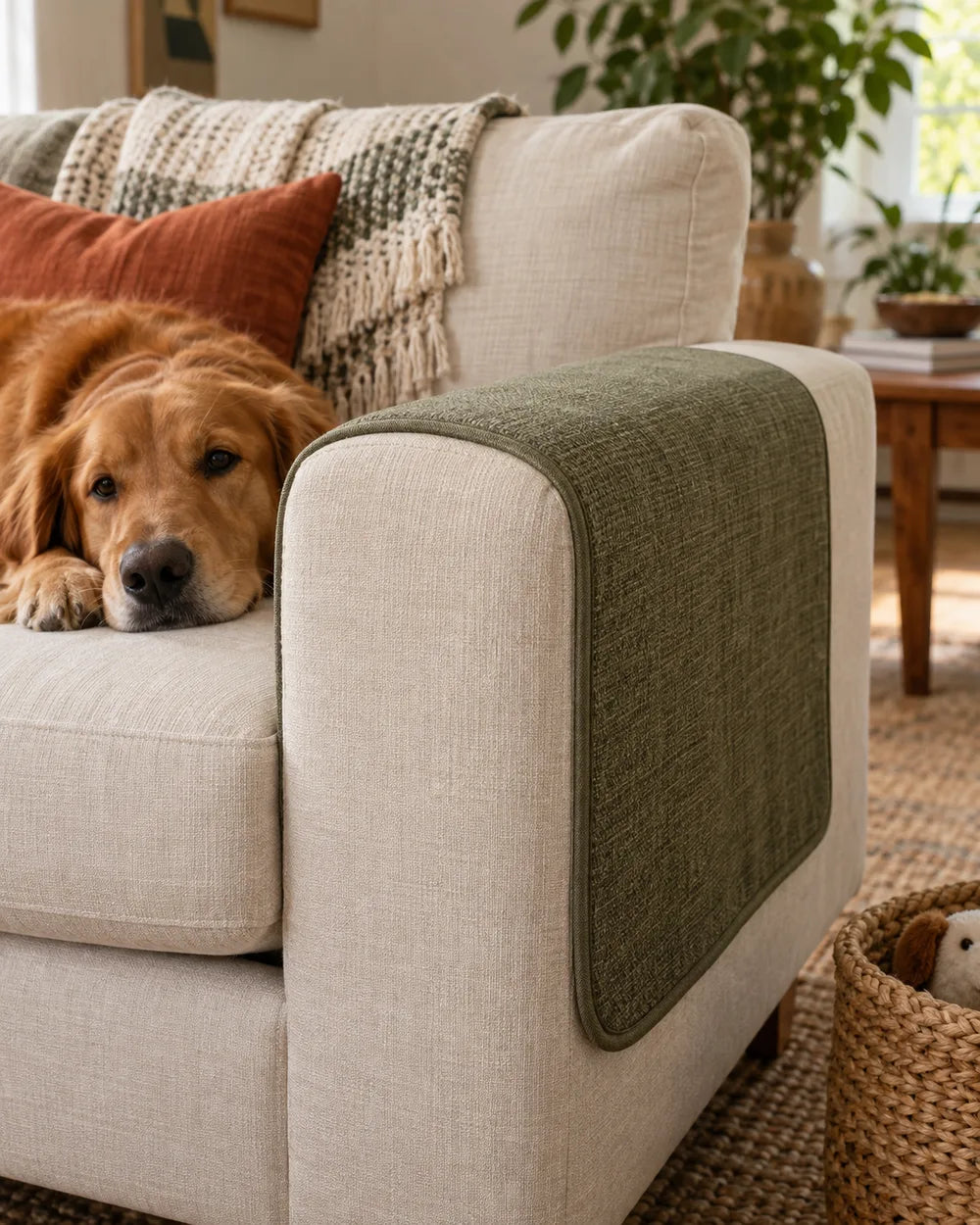 Brand editorial illustration for Sofa Arm Cover; not a photograph of the exact supplier item